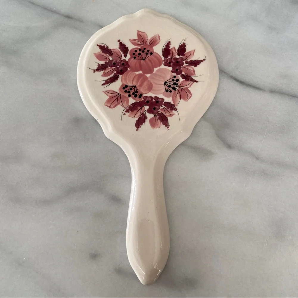 VINTAGE •Cottagecore Ceramic Hand-mirror Floral Hand Painted Vanity Antique